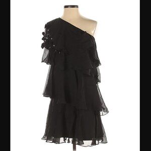 Rebecca Taylor Dress 8 One Shoulder Silk Embellished Tiered Cocktail Party Event